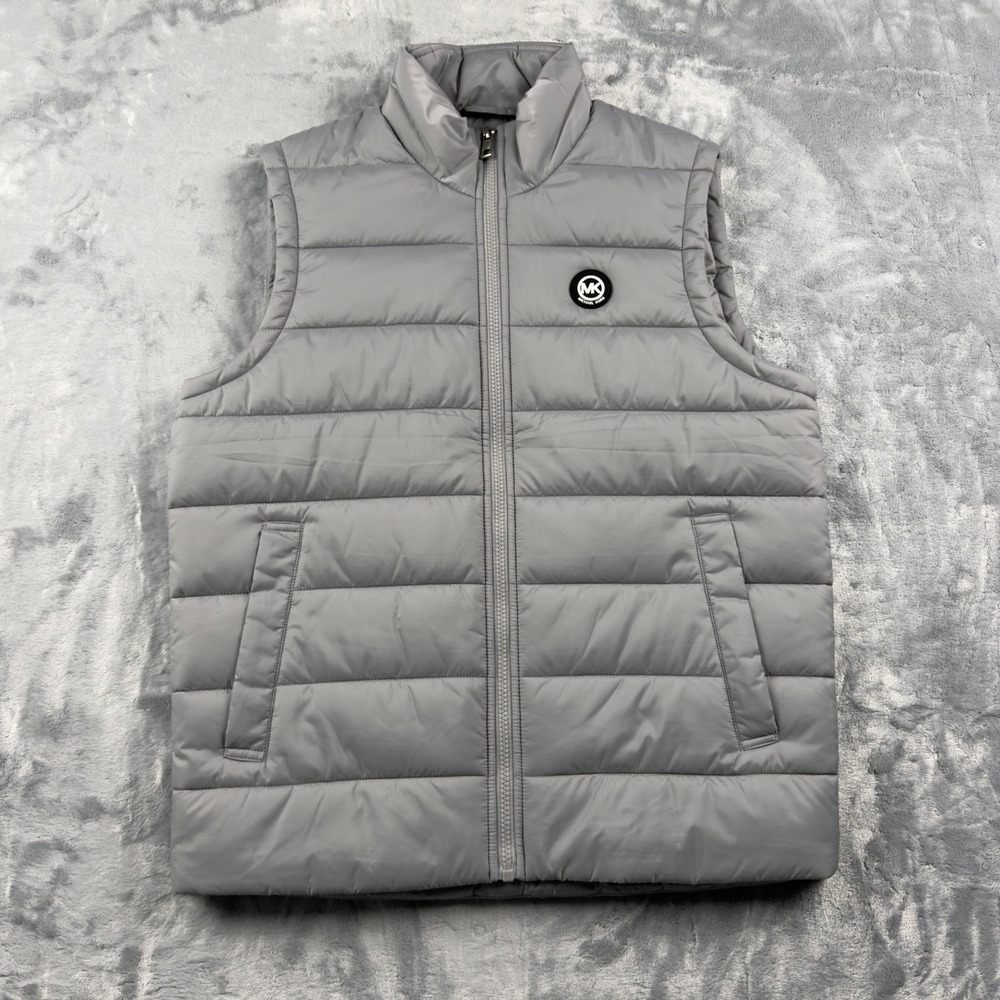Michael Kors Mens Puffer Vest Alloy Gray Quilted Full Zip MK Logo KF32011BUQ S